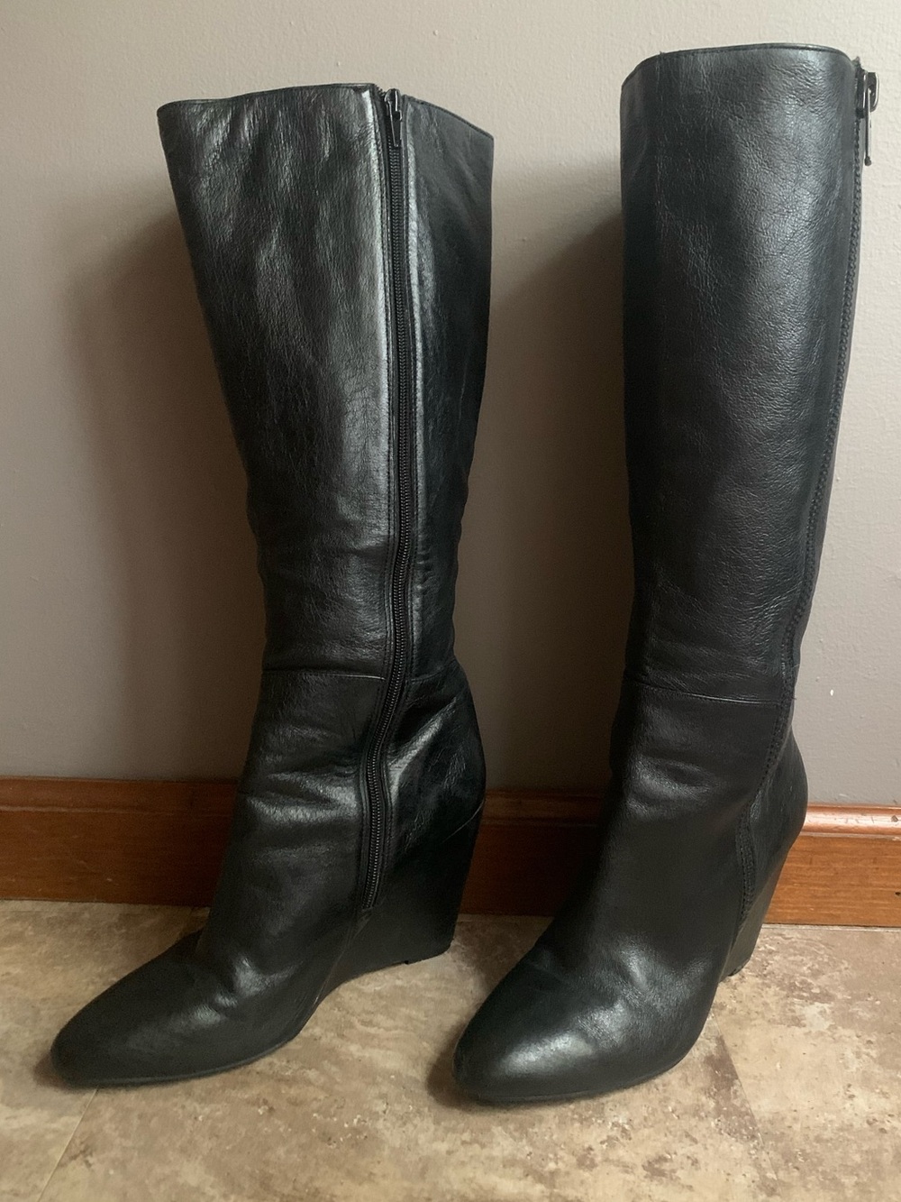 Black Leather Knee-High Wedge Boots - Women
